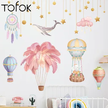 

Tofok Cartoon Wall Stickers for Kids Room Baby Children Room Decoration Stickers Hot Air Balloon Feathers DIY Nursey Murals