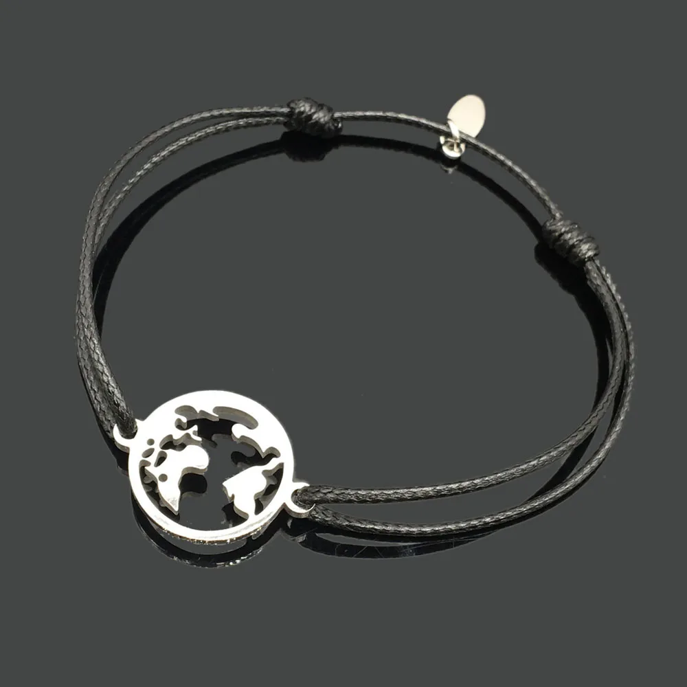 

World Map Stainless Steel Charm Cord Wish Bracelet Adjustable String World Map Pendant Gift Bracelet For Men Women