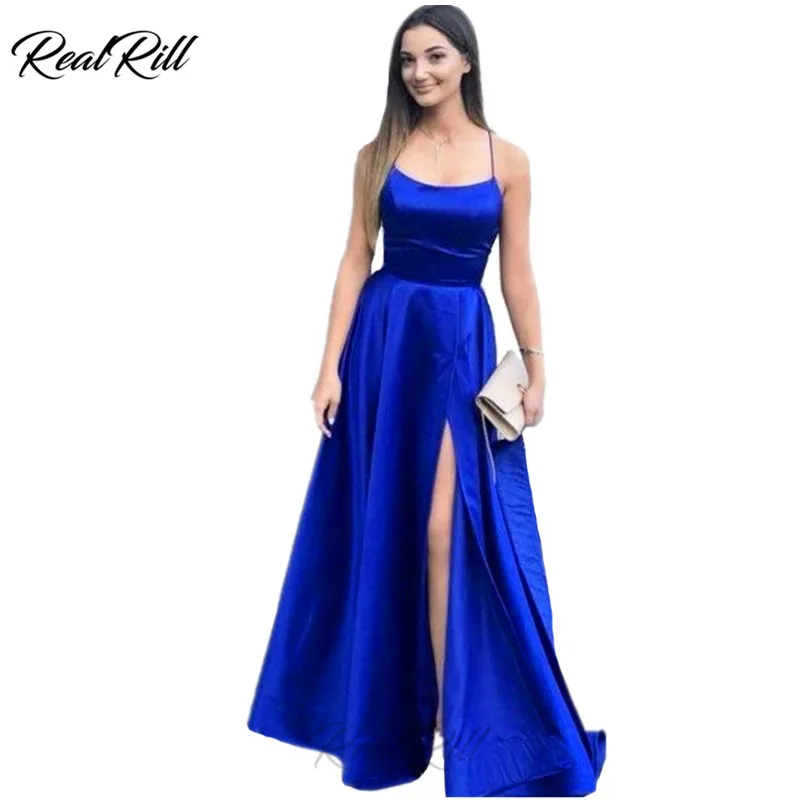 

Real Rill Solid Color Spaghetti Straps Evening Dress Sexy Side Split Lace Up Back Long Formal Dress With Pockets