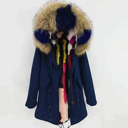 Navy blue-1 Новинка, зимняя женская длинная парка, цветная подкладка из кроличьего меха, воротник из натурального меха енота, съемный капюшон, Толстая теплая парка - Цвет: Navy blue-1