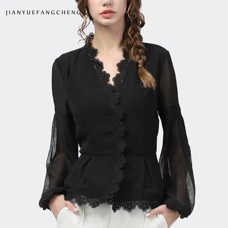 Elegant Women Black Chiffon Shirt High Waist Slim
