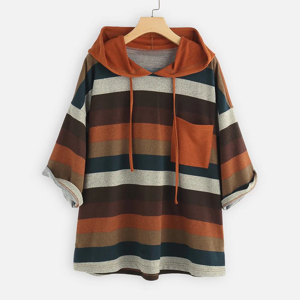 

Women'S O-Neck Pocket Tops Fashion Loose Color Striped Print Hooded Blusas Mulher Elegantes #Ger