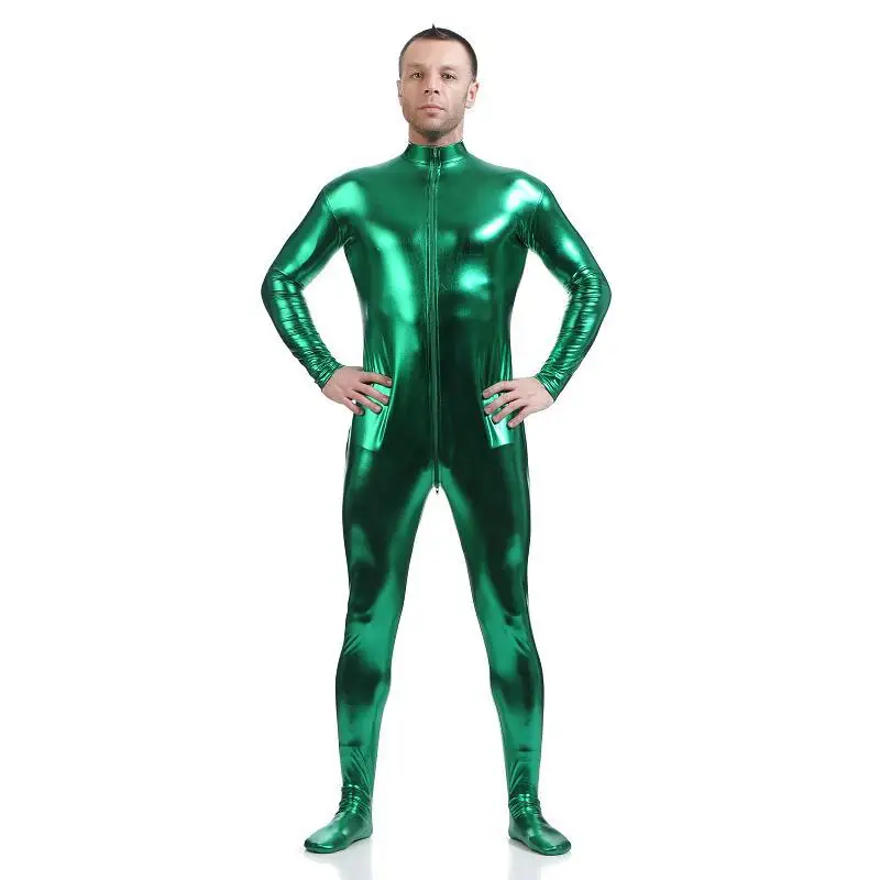 Костюм для косплея Zentai из искусственной кожи без головы с металлическим блеском