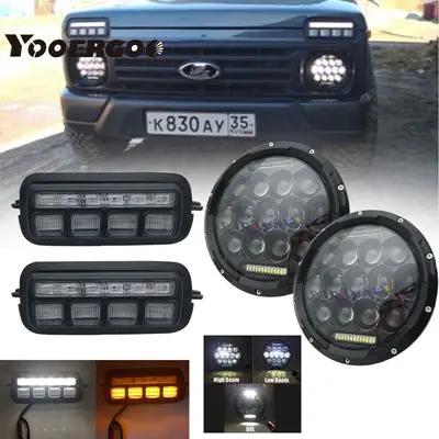 Супер тонкая Автомобильная фара 7 ''для Lada Niva 4X4 1995 Светодиодный дневной ходовой тюнинг освещения стоп-сигнал - Цвет: 75w   black   set