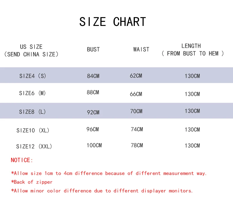 1-英文版尺码表 - 背后拉链长款
