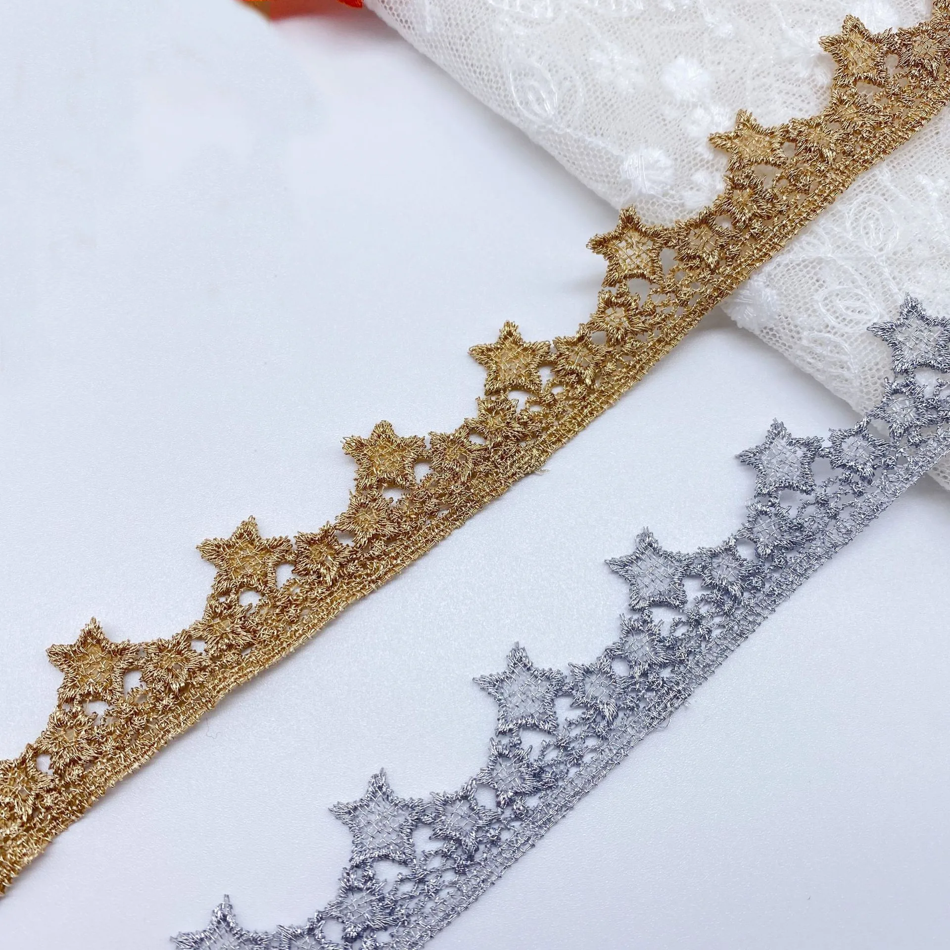 

Embroidered Unilateral Gold Silver Thread Star Lace Fabric Trim Ribbons DIY Handmade Craft Clothes Sewing Accessories Supplies