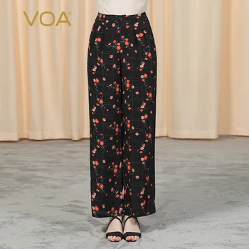 

VOA 16MM Silk Crepe-De-Chine Natural Waist One Button Yuke Pleated Cross-Body Pocket Black Red Flower Straight Pants KL11