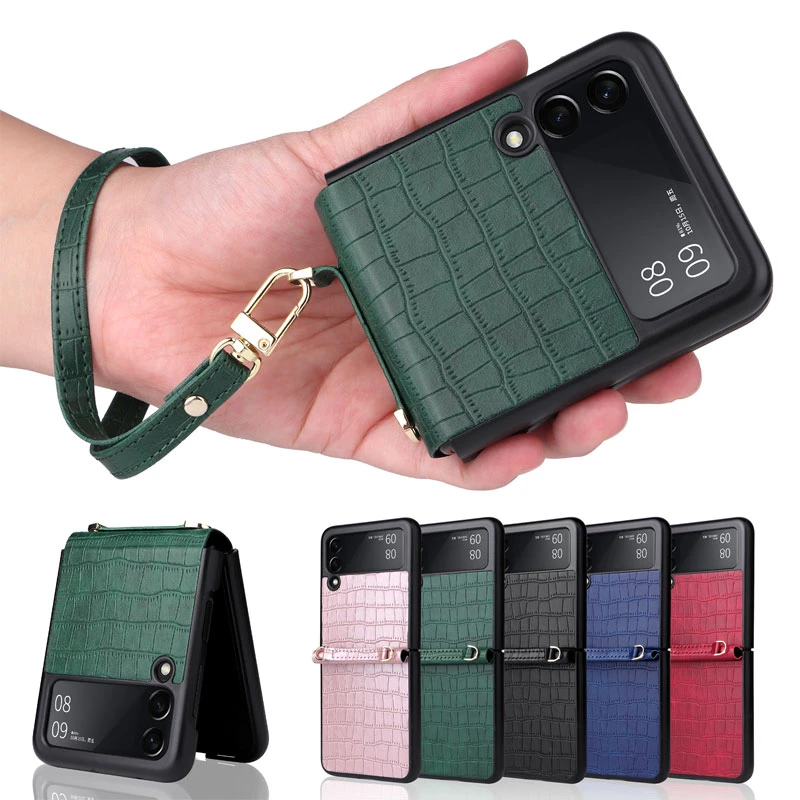 Pu Leather hand Strap Anti fall Phone Case for Samsung Galaxy Z Flip 3 5G SM F711B Protection