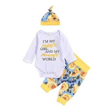

Newborn Baby Clothes Letter Print Romper Big Flower Long Pants Hat 3 PCS Outfits Set