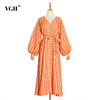 

VGH Elegant Striped Women Dress V Neck Lantern Long Sleeve High Waist Lace Up Hit Color Dresses Female Fashion Clothes 2020 Tide