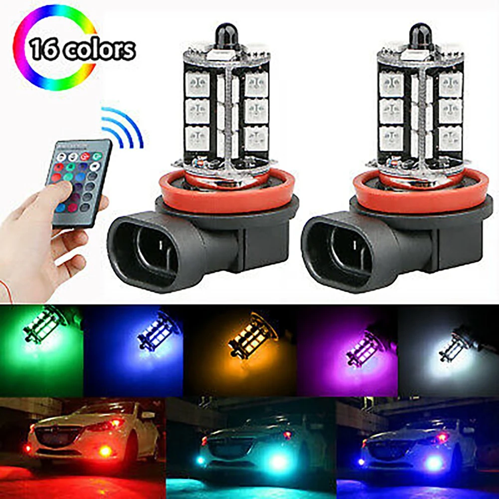 2pcs Car Fog Light Bulbs H11 / H9 / H8 27SMD 5050 Multicolor RGB LED Automobiles Headlights Driver Bulb Auto Accessories ambient lighting car