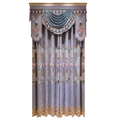 

High quality European blue velvet embroidered living room curtain with white embroidered Voile Curtain for hotel Kitchen bedroom