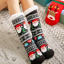 Новые рождественские женские зимние носки, толстые плюшевые хлопковые теплые носки, Нескользящие домашние носки-тапочки, милые носки с изображением Санта Клауса и лося