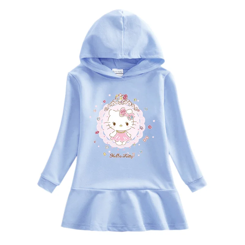 Vestido estampado de dibujos animados de Hello Kitty para niños, sudadera con capucha sencilla a la moda, vestido, ropa para niños, falda de princesa de algodón para bebés