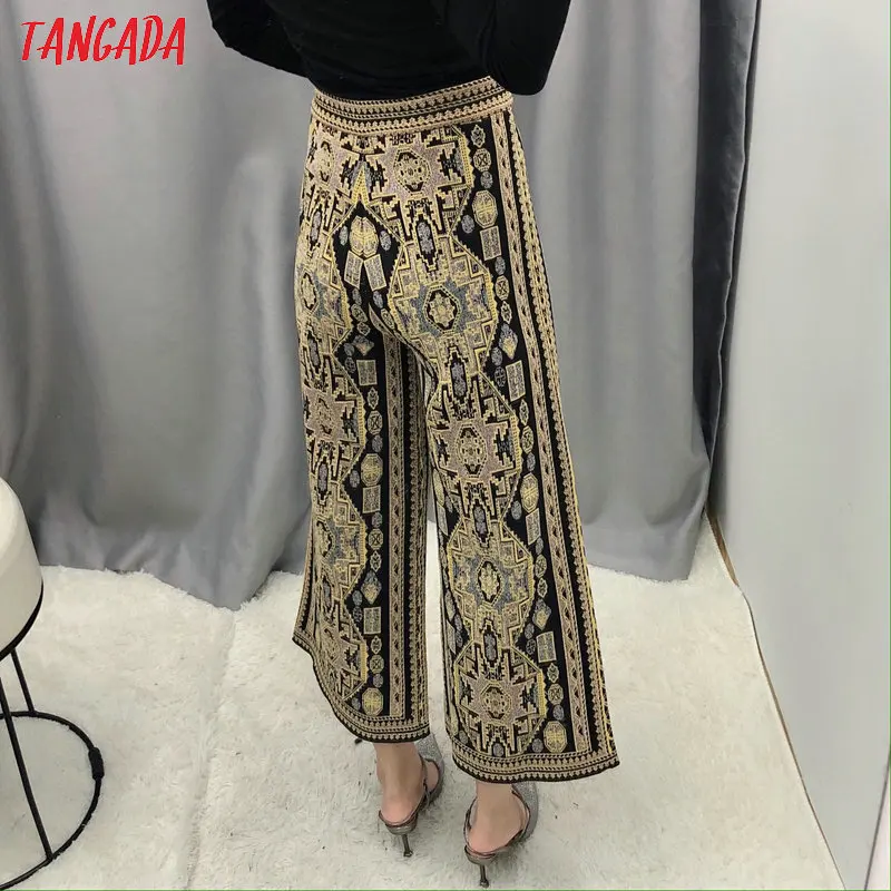 Tangada Женские винтажные жаккардовые трикотажные широкие брюки с эластичной талией женские повседневные брюки pantalones BE189