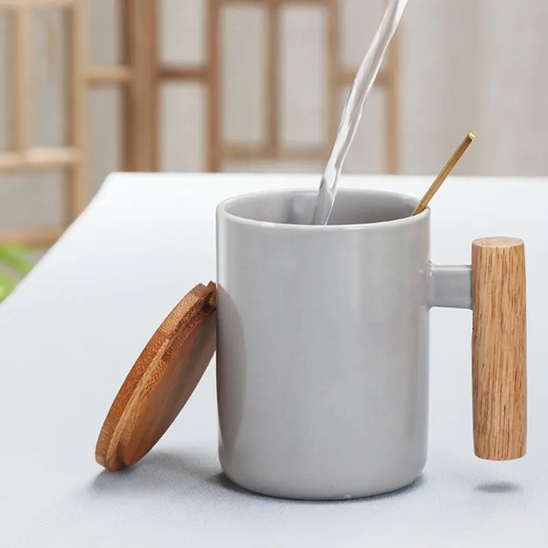 

Coffee Mug with Lid and Spoon Wooden Handle Ceramic Milk Tea Cup for Home,13oz