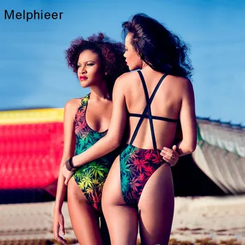 

Melphiee Leaf Print Cut Out Cross Back One-Piece Swimsuit Sexy High Cut Women Monokini 2019 Girls Beach Bathing Suits Swimwear