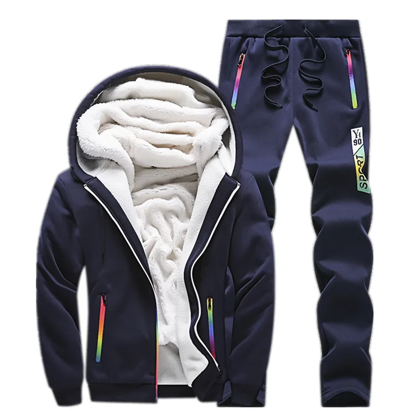 Мужские флисовые повседневные спортивные костюмы, теплые комплекты с капюшоном, толстовки+ штаны, 2 шт., зимняя мужская спортивная одежда, толстовка с принтом, спортивный костюм для мужчин - Цвет: EM118 Blue