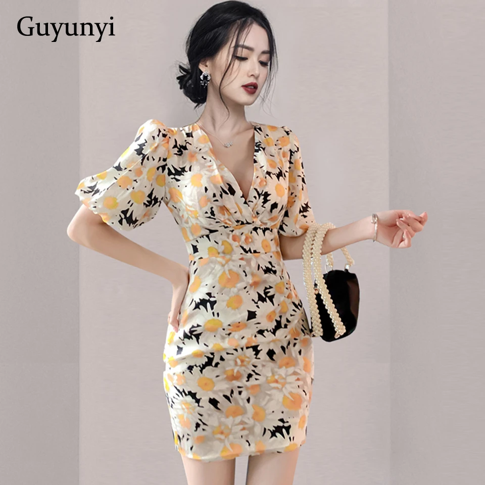 Minivestido ajustado de cintura para mujer, elegante de flores con cuello en V, manga abombada, para ir a 2022|Vestidos| - AliExpress