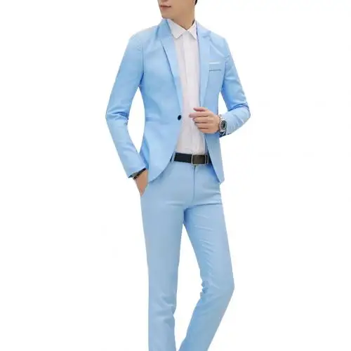 Модные мужские костюмы с брюками, однотонный мужской блейзер, приталенный и подходит для свадьбы, мужской смокинг для жениха, костюм для выпускного(пиджак+ брюки), мужской костюм - Цвет: Небесно-голубой