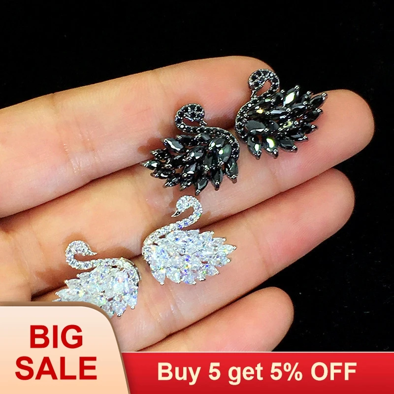 Женские серьги гвоздики с лебедем белые/черные стразы модные ювелирные изделия