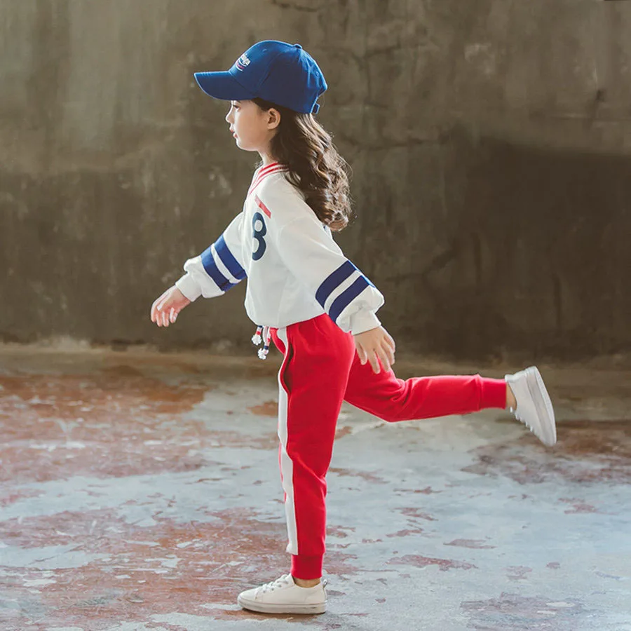 Спортивный костюм для девочек, От 4 до 12 лет топ с цветными блоками и рукавами-фонариками+ штаны с завязками на талии, комплект для девочек, весенний детский спортивный костюм - Цвет: Красный