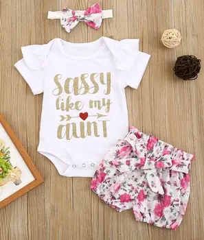 

Baby’s Jumpsuit Three-piece Set Cute Letter Printed Romper Fashion Floral Shorts with Headband