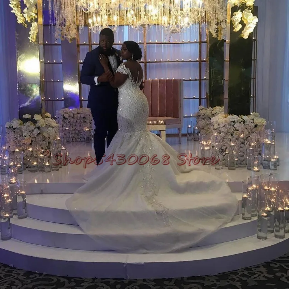African Bride Mermaid Wedding Dresses 2021 Off Shoulder Lace V-Neck Long Train Bridal Gowns Vestidos de novia