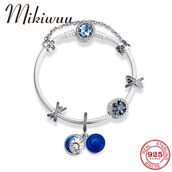 

Blue series 925 Sterling Silver Charm Zircon Crystal Bead bracelet Bangles with Star Moon Pendant DIY Jewelry Womens Accessories