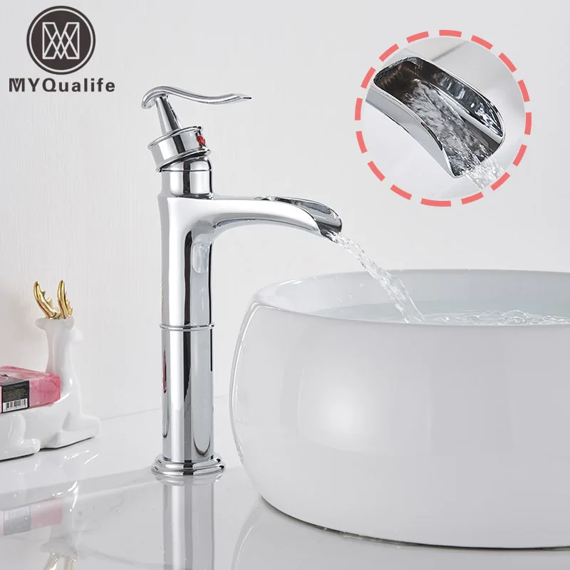 

Chrome Face Basin Faucet Mixed Hot And Cold Copper Faucet Waterfall Faucet Gourd Body/Straight Body Deck Installation