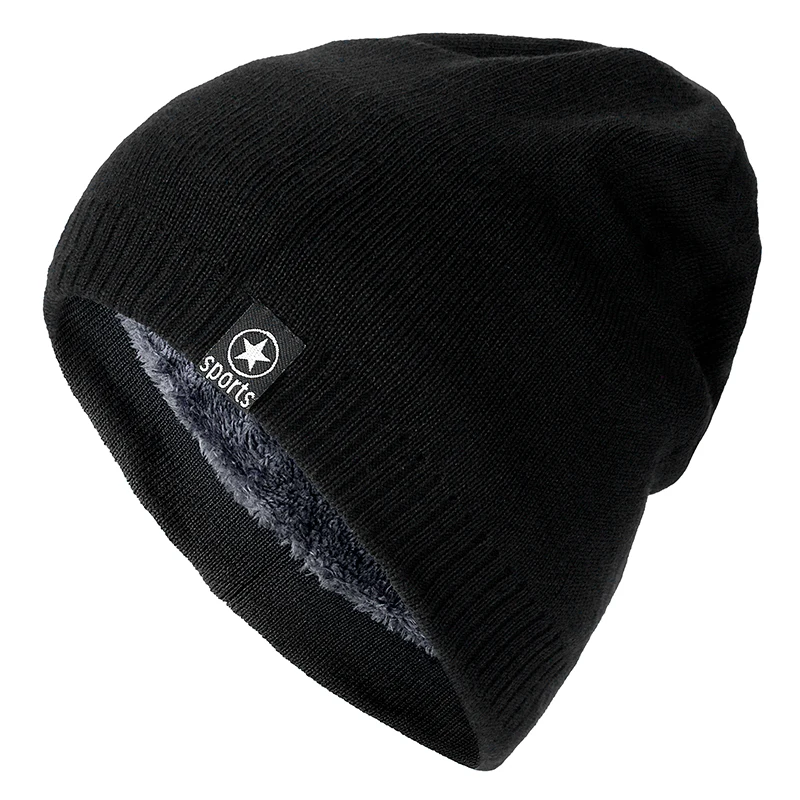 New Winter Hats For Men Solid Color Knitted Hat Star Sports Wool Beanie Winter Warm Comfortable Hat Outdoor Thick Warm Hats - Цвет: Black