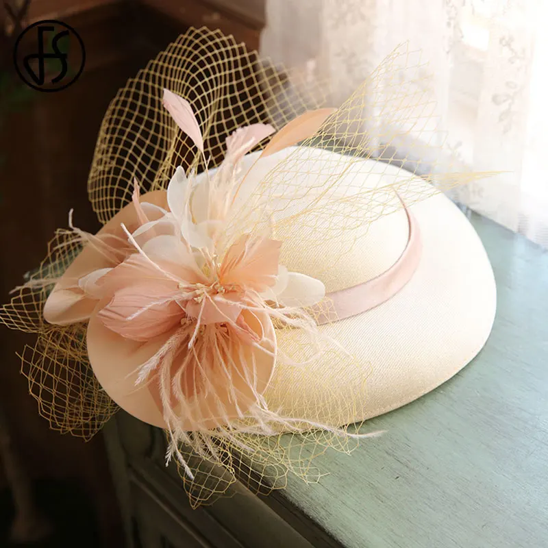 FS Women Fascinator Hat Pink Wide Brim 