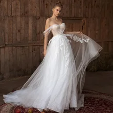 

Sweetheart A-Line Wedding Dress 2022 Cap Sleeves Backless Appliques Bridal Dress Sweep Train Robe De Mariée Illusion Soft Tulle
