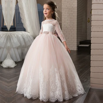 

Pink Flower Girl Dresses For Weddings Ball Gown 3/4 Sleeves Tulle Lace Bow Long First Communion Dresses For Little Girls