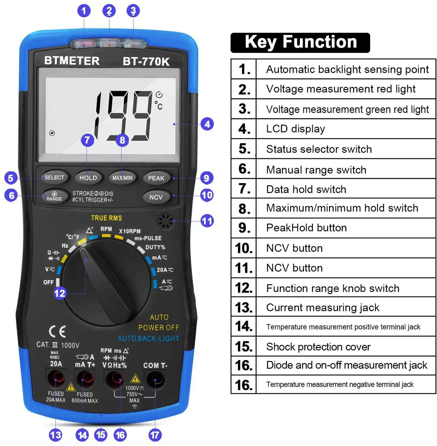 Auto Ranging Automotive Multimeter For Dwell Angle Pulse Width Tach Temperature Duty Cycle Voltage Current Resistance Test