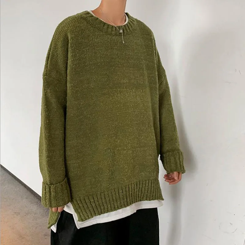

2021 Men's O-Neck Korean Student Loose Sweater Fake Two-piece Autumn Winter Couple Knitwear masculino Male Pullovers Outwear