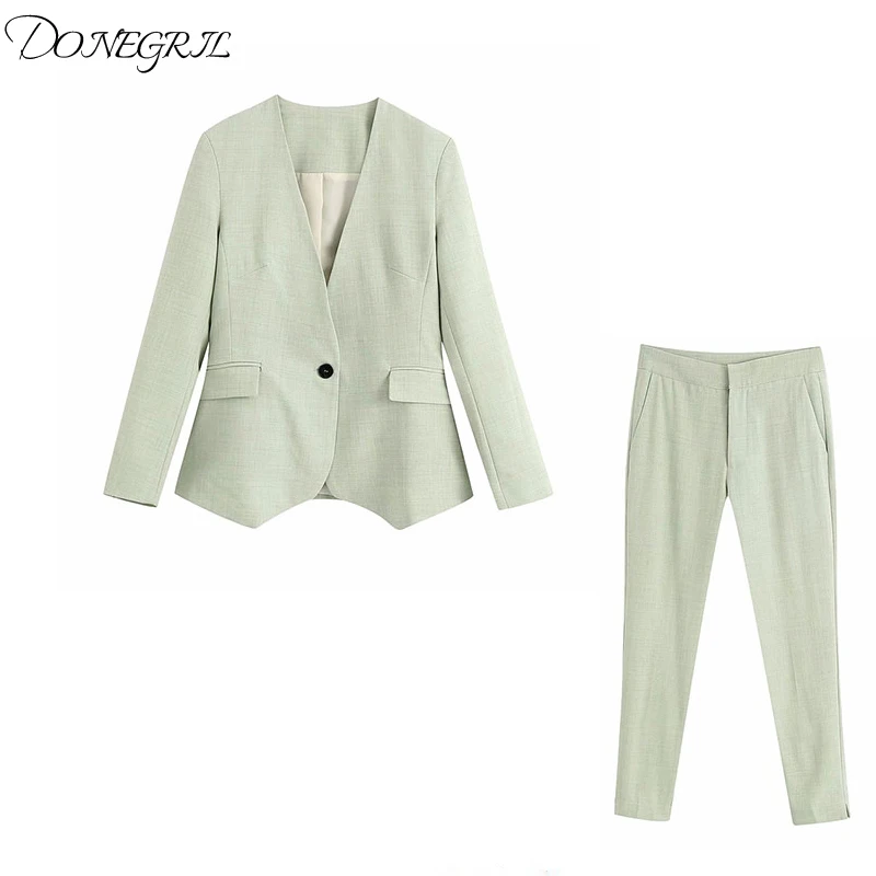 

2020 New Autumn Summer Suits Women Two Piece Set Blazer V-Neck Single Button Trousers High-Waist Ensemble Femme Chandal Mujer