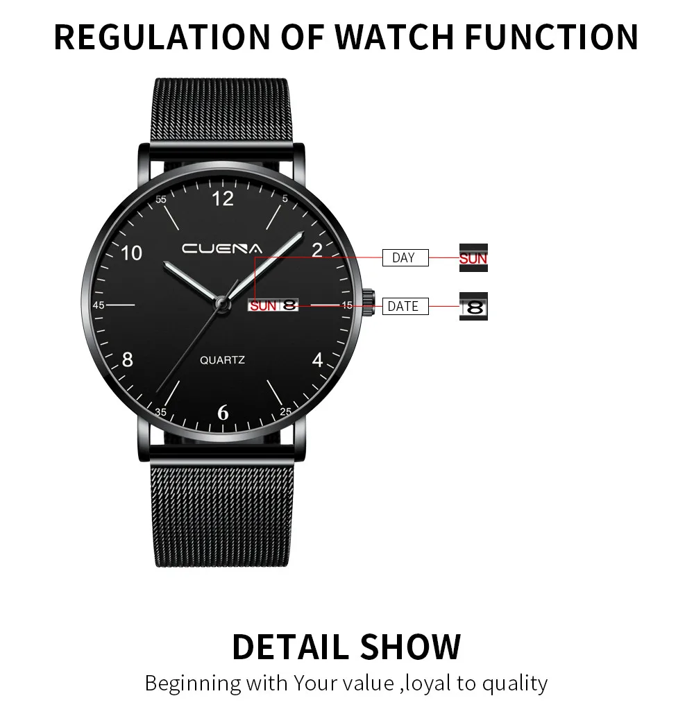 CUENA модные простые часы мужские из нержавеющей стали с магнитной сеткой с календарем Простые повседневные кварцевые часы повседневные наручные часы