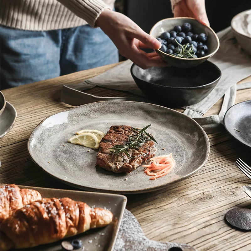 Japanese Ceramic Dinner Plate Rice Bowl Food Tray Retro Gray Tableware Porcelain Fruit Salad Sushi Serving Plate Dinnerware