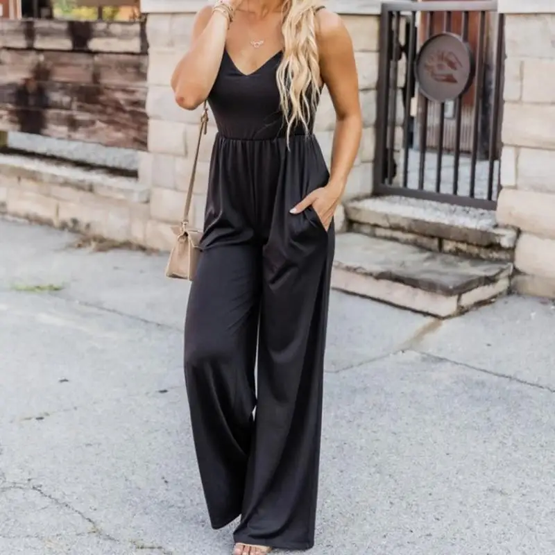 2023 Solid Color V-Neck Jumpsuit Sleeveless Suspender Top Wide-Leg Trousers Casual And Comfortable Suit For Woman With Pocket women s elegant summer jumpsuit off shoulder sleeveless sling romper casual office lady solid straight playsuit sexy fashion