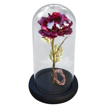 

Artificial Gold Foil Rose Flower And LED Light String In Glass Dome On Wooden Base The Best Gift(Battery Not Included)