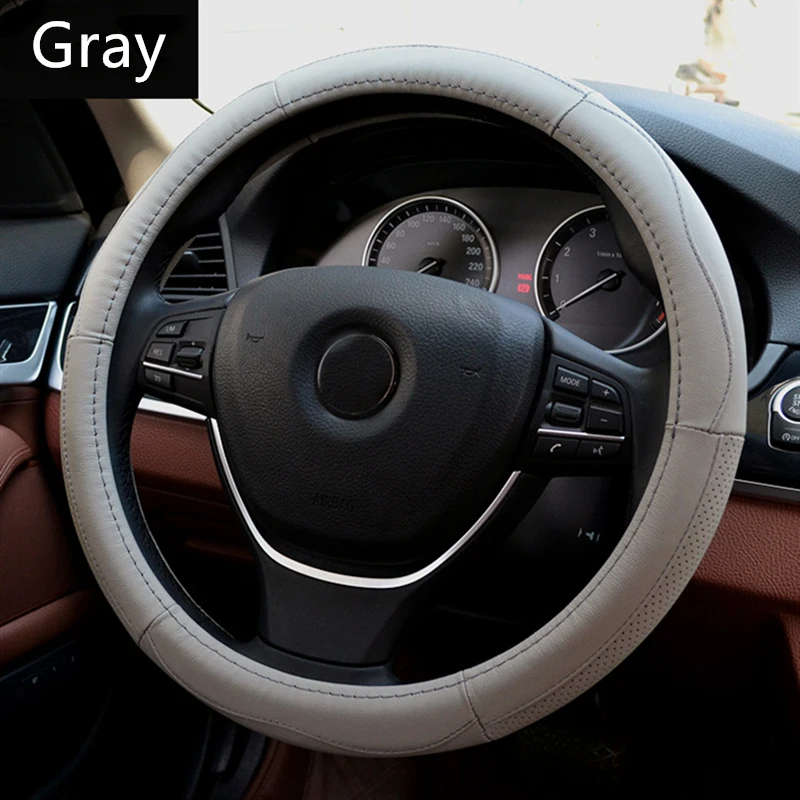 Gray Автомобильный кожаный чехол на руль 38 см, верхний слой из воловьей кожи, четыре сезона, универсальный дышащий чехол на руль для салона автомобиля - Название цвета: Gray
