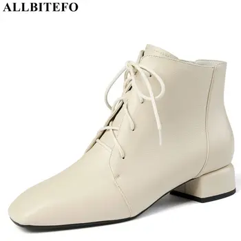 

ALLBITEFO natural genuine leather low-heeled women boots comfortable winter snow ankle boots women high heel shoes leather boots