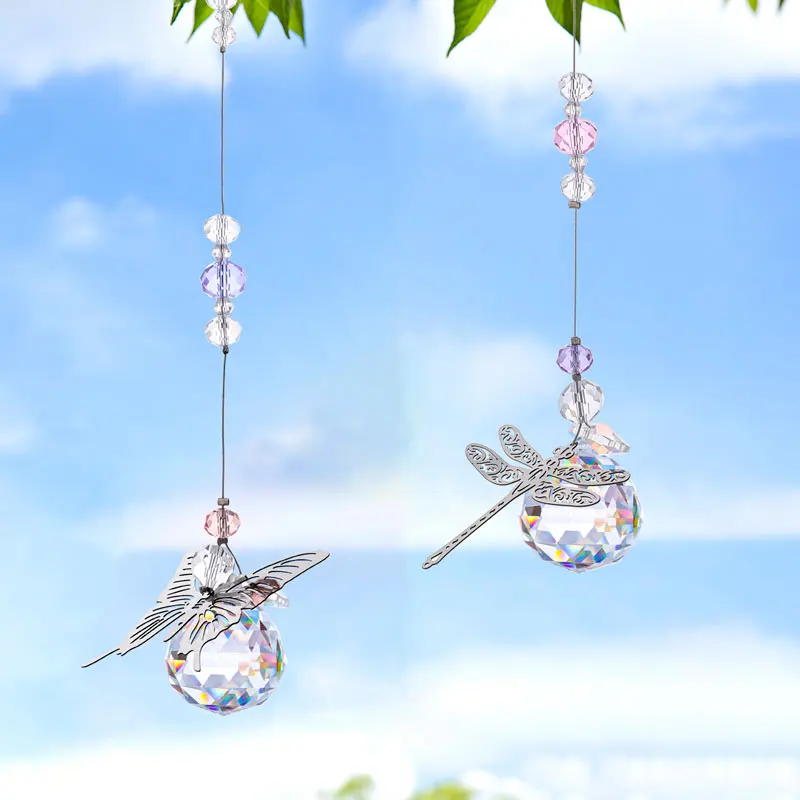 H&D 2pcs 30mm Crystal Ball Prisms Butterfly Dragonfly Suncatchers Window Hanging Ornament Rainbow Maker for Home,Garden Decor