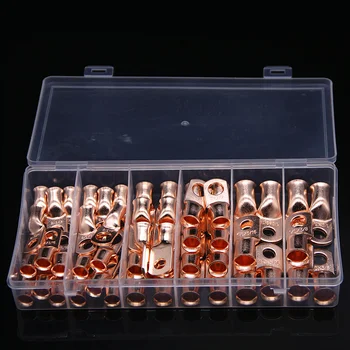 

50Pcs Assortment Wire Ring Bare Copper Crimp Terminals 3/8" 5/16" Lug Electrical Cable Connectors For 4, 2, 1/0 AWG Kit