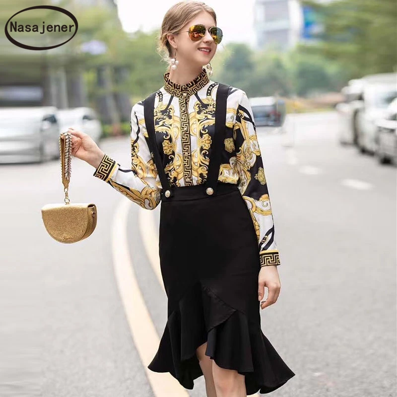 

2020 New Early Spring Runway Fashion Elegance Vintage Print Loose Shirt+Black Sling Pack Hip Mermaid Skirt Women's Suits Tide