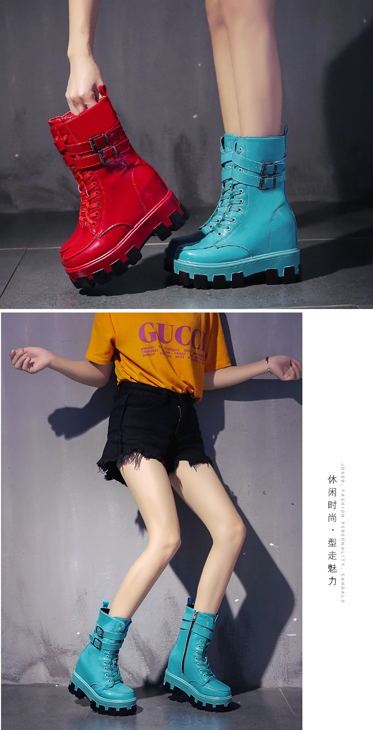Womens Round Toe Ankel Martin Boots Lace Up Platform Wedeg Hidden 10CM Heel Punk Motorcycle Shoes New 5Colors A1811
