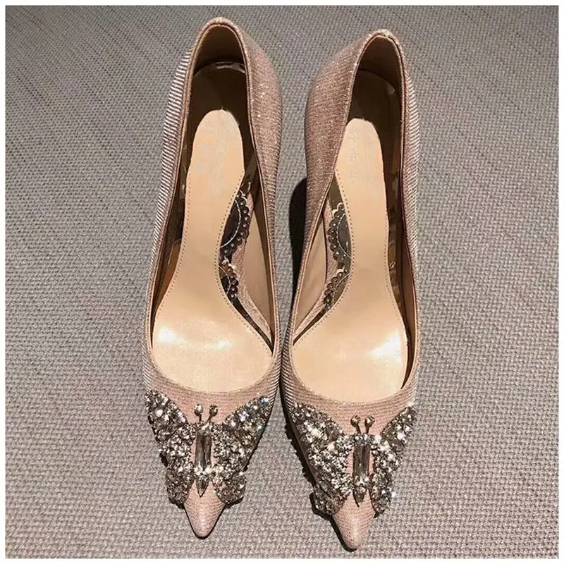 champagne 8cm Для женщин высокий каблук; туфли-лодочки; Новинка; элегантная женская обувь модные стразы острый носок туфли-лодочки со стразами с открытым носком, без шнуровки, стильная женская обувь вечерние туфли - Цвет: champagne 8cm