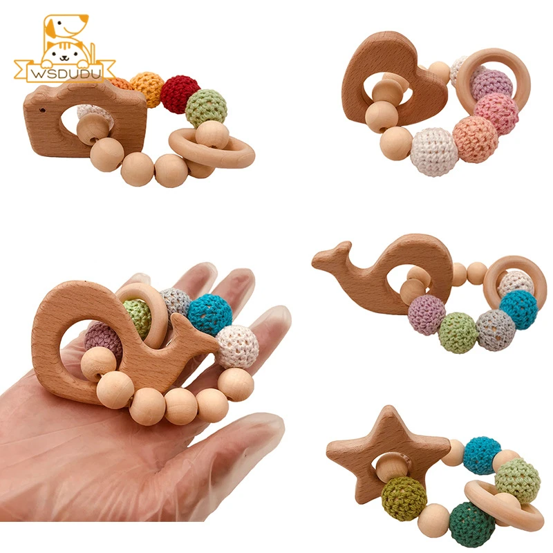 Ideal  Teethers Wooden Baby Toys Heart Star Whale Camera Wool Knitting Beads Wood Molar Teeth Rattle Safe 