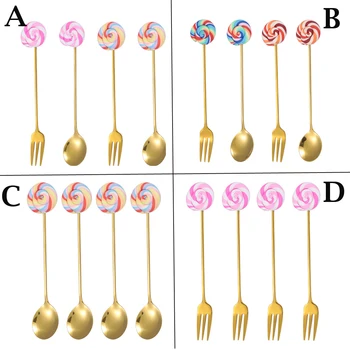 

4Pcs Gold Spoon Forks Stainless Steel Coffee Stirring Teaspoon Lollipop Handle Tableware for Dessert Cake Ice Cream Salad Honey